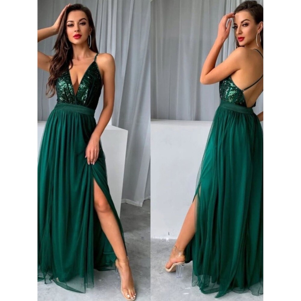Emerald Green Sequin Bodice Chiffon Wedding Dress with Slit